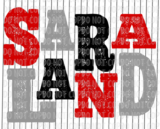 SARALAND uneven letters stacked